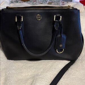 Tory Burch Black Leather Satchel with Gold Accents